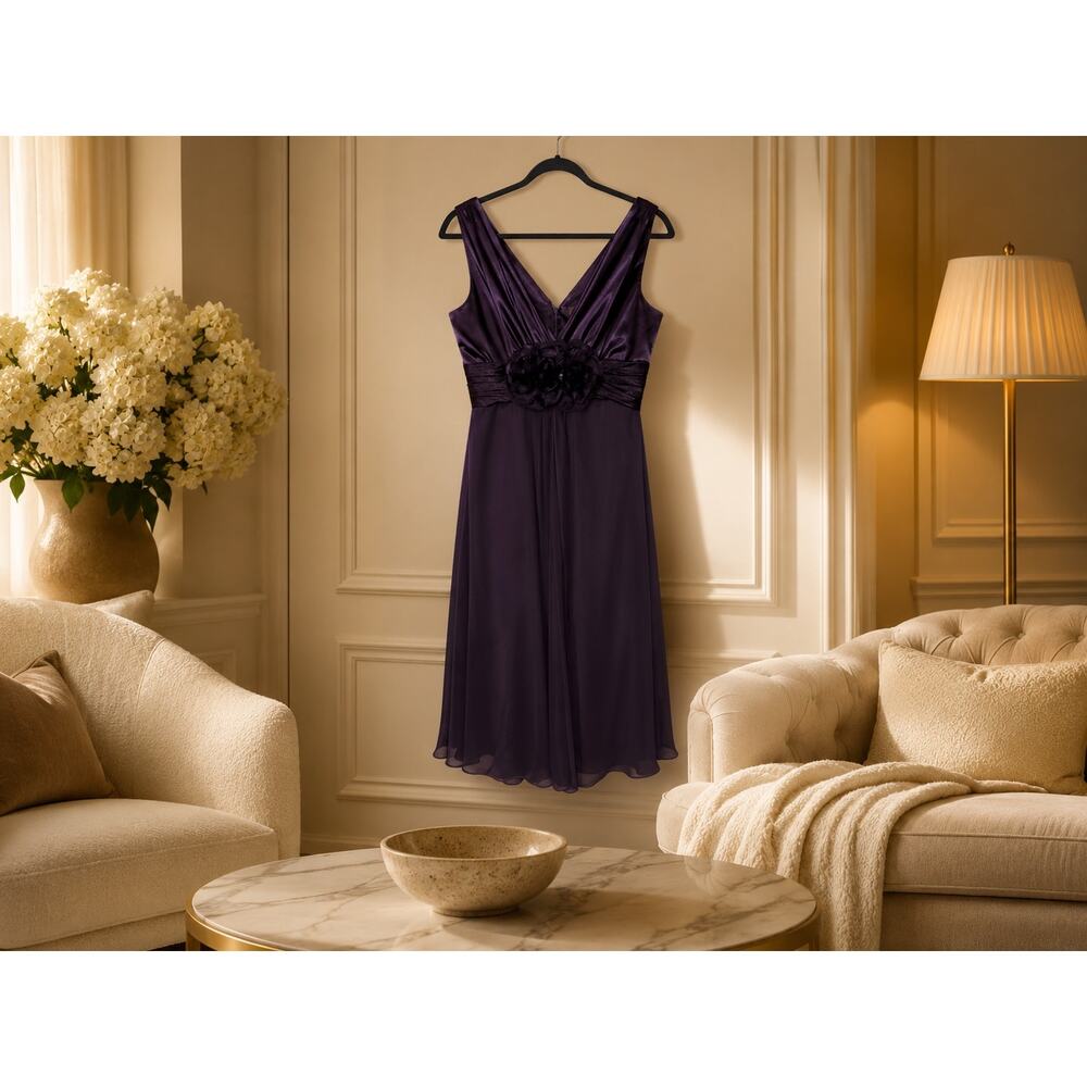 Bill Levkoff Purple Chiffon Cocktail Dress Size 8 Floral Waist Wedding Guest